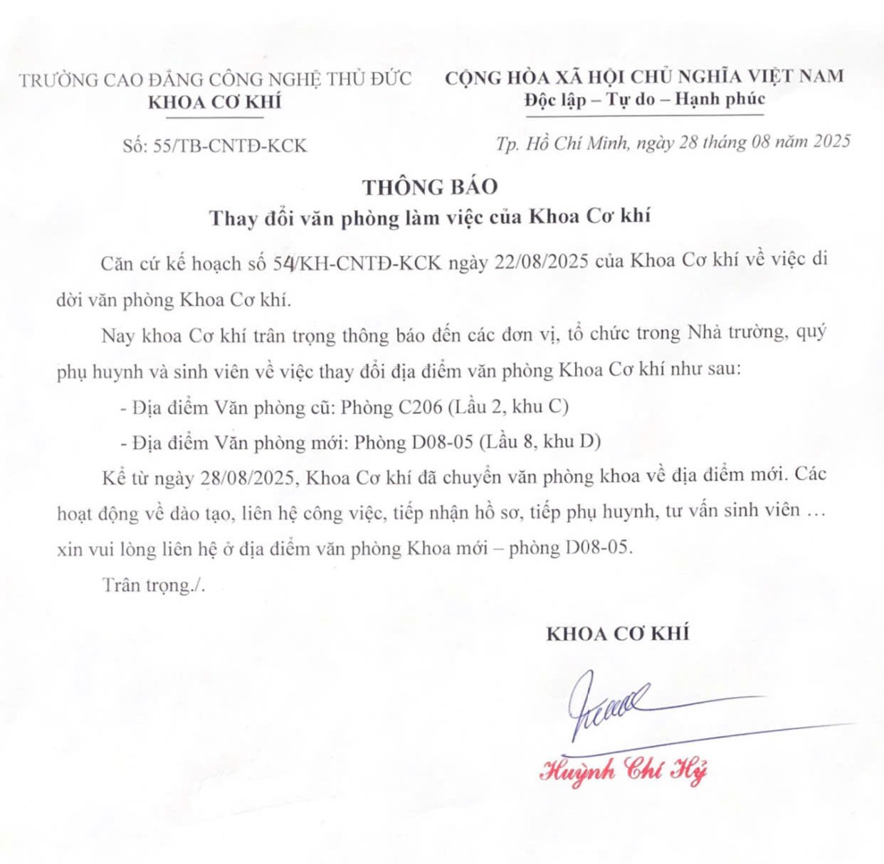 THAY ĐỔI VĂN PHÒNG LÀM VIỆC KHOA CƠ KHÍ (P. D08-05 từ 28/08/2025)